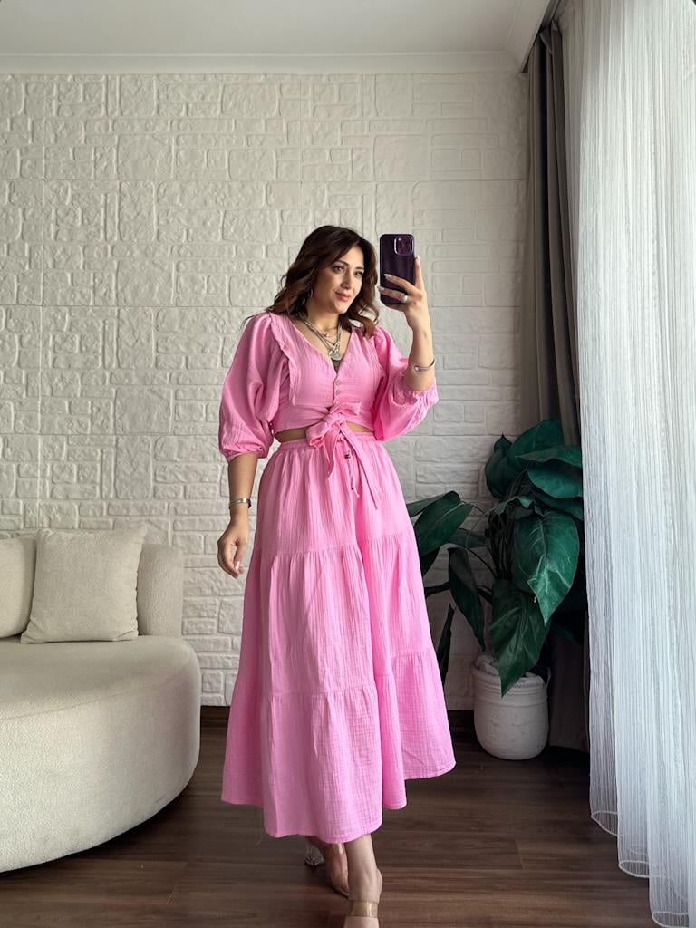 Müslin Kumaş Balon Kol Etek Büstiyer Takım Pembe