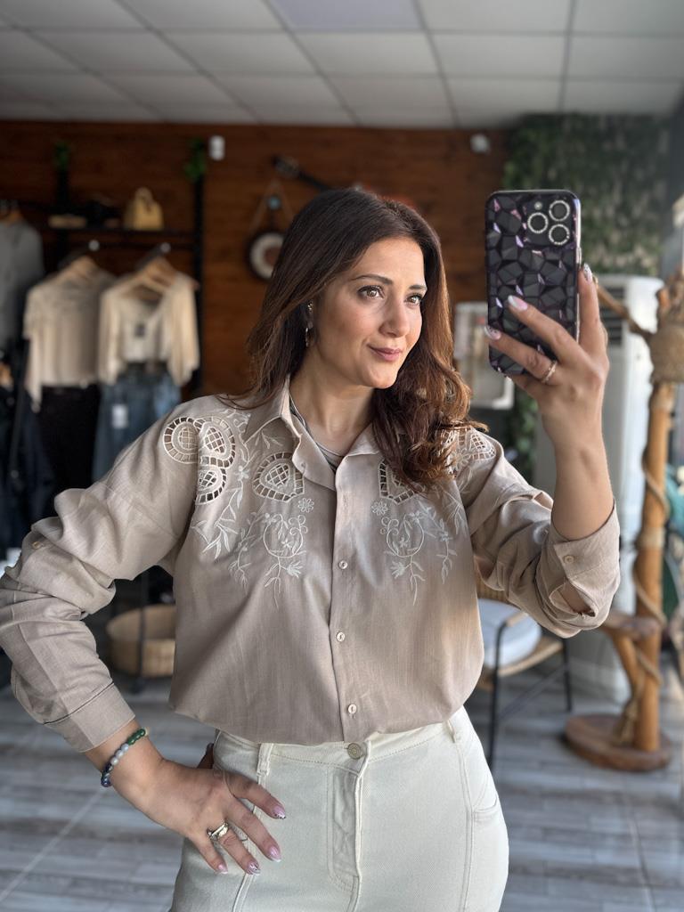 Nakış Detaylı Keten Gömlek Açık Kahve