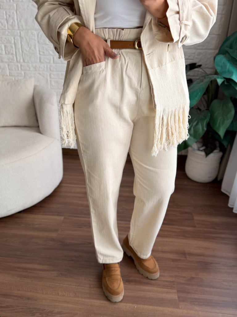 Natural Gabardin Keten Beli Lastikli Pantolon