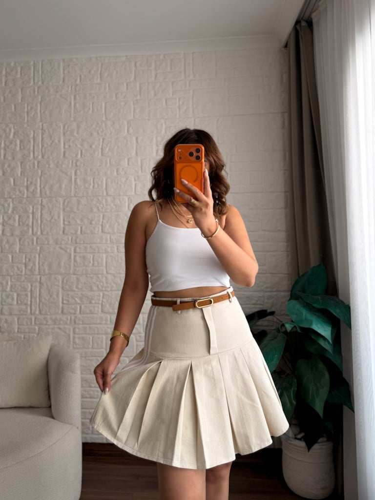 Natural Gabardin Keten Pileli Etek