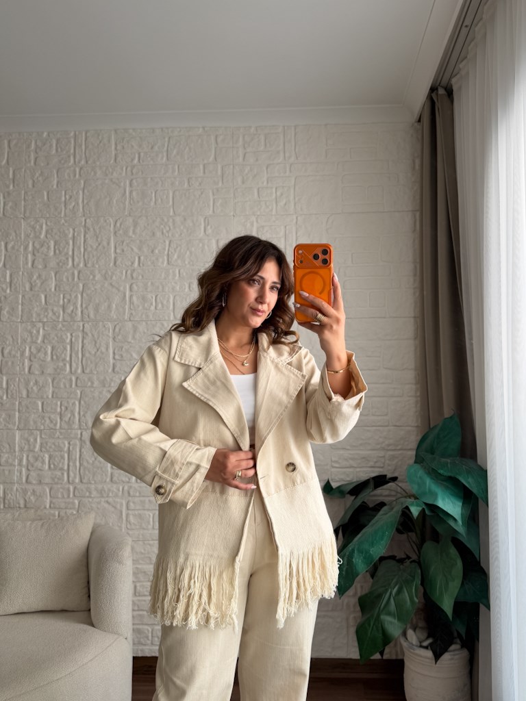 Natural Gabardin Keten Saçaklı Salaş Ceket
