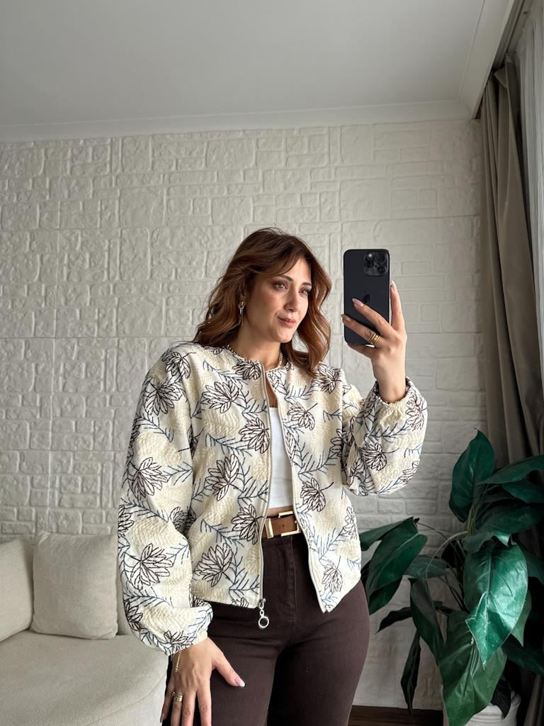Natural Keten Nakışlı Bomber Ceket