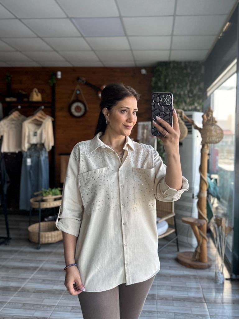 Natural Keten Taşlı Ceket Gömlek