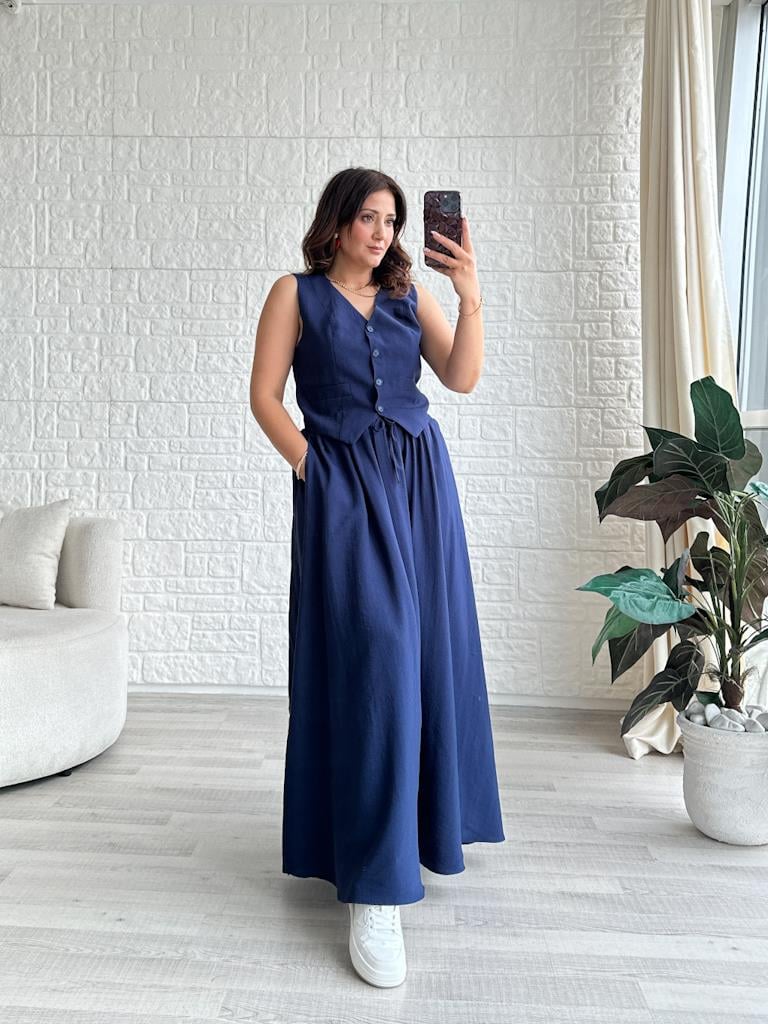Olivia Kumaş Cepken Etek Takım Lacivert