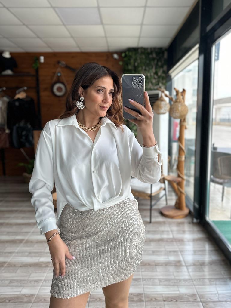 Ön Bağlama Detaylı Arkası Uzun Gömlek Bluz Beyaz
