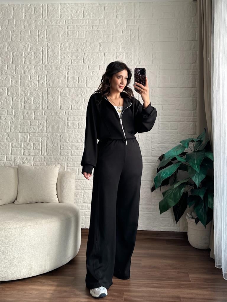 Önü Fermuarlı Kapşonlu Tasarım Modal Takım Siyah