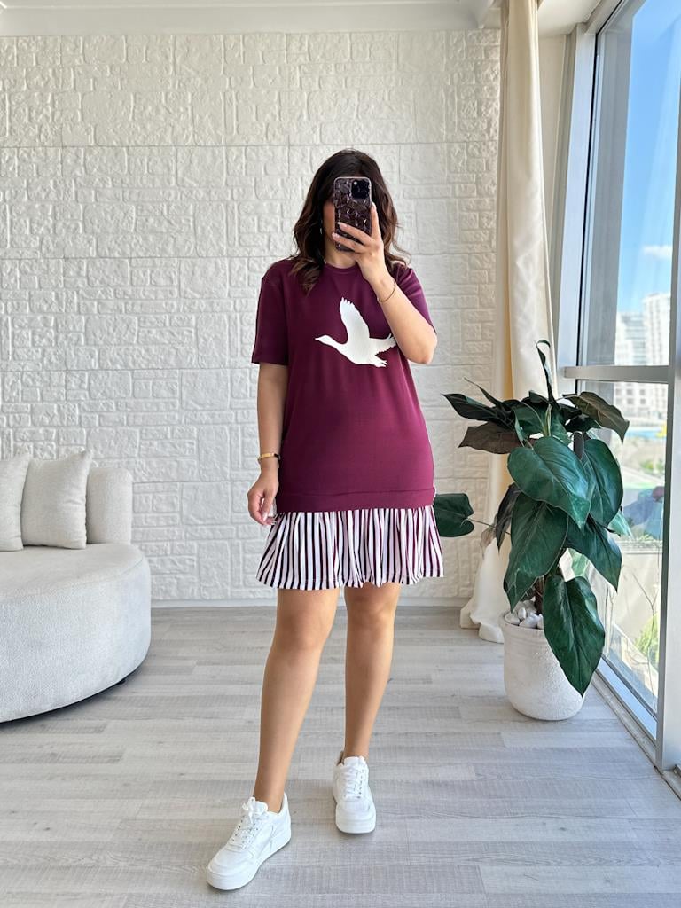 Orijinal Marka Bisiklet Yaka Elbise Mürdüm