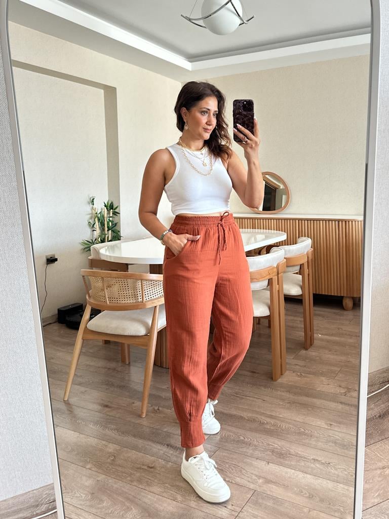 Orijinal Marka Paça Pens Detaylı Müslin Kumaş Pantolon Kiremit