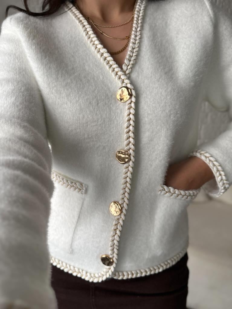 Orijinal Marka Parıltılı Biyeli Angora Hırka Ekru