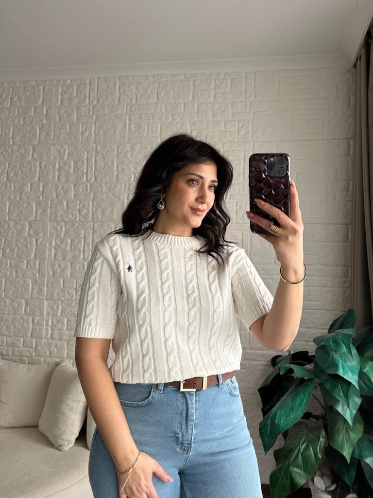 Orijinal Marka Saç Örgü Desen Kısa Kol Detay Triko Bluz Beyaz