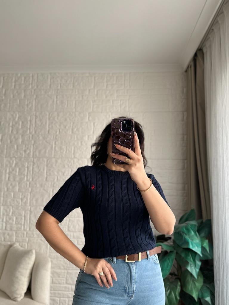 Orijinal Marka Saç Örgü Desen Kısa Kol Detay Triko Bluz Lacivert