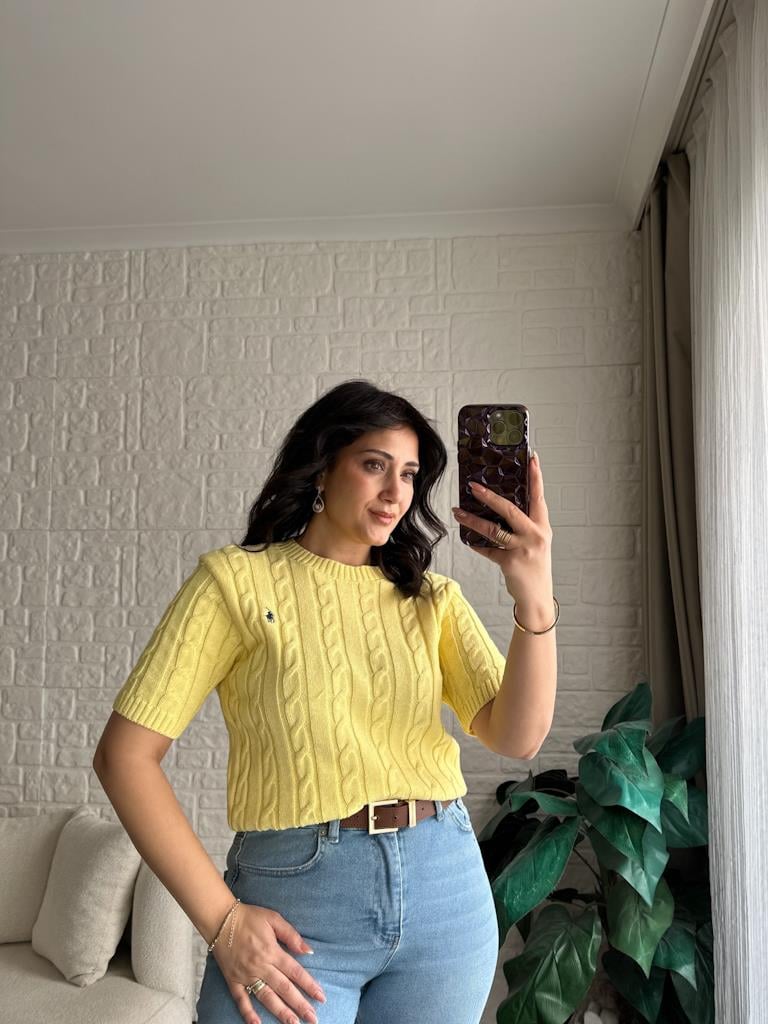 Orijinal Marka Saç Örgü Desen Kısa Kol Detay Triko Bluz Sarı