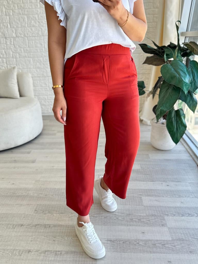 Orijinal Marka Tensel Kumaş Beli Lastikli Bilek Boy Pantolon Kiremit