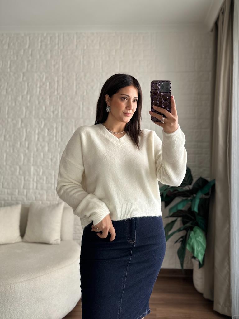 Orijinal Marka V Yaka Kaşmir Yumoş Kazak Krem