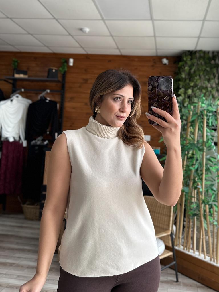 Orjinal Marka Balıkçı Yaka Kolsuz Bluz Süveter Taş