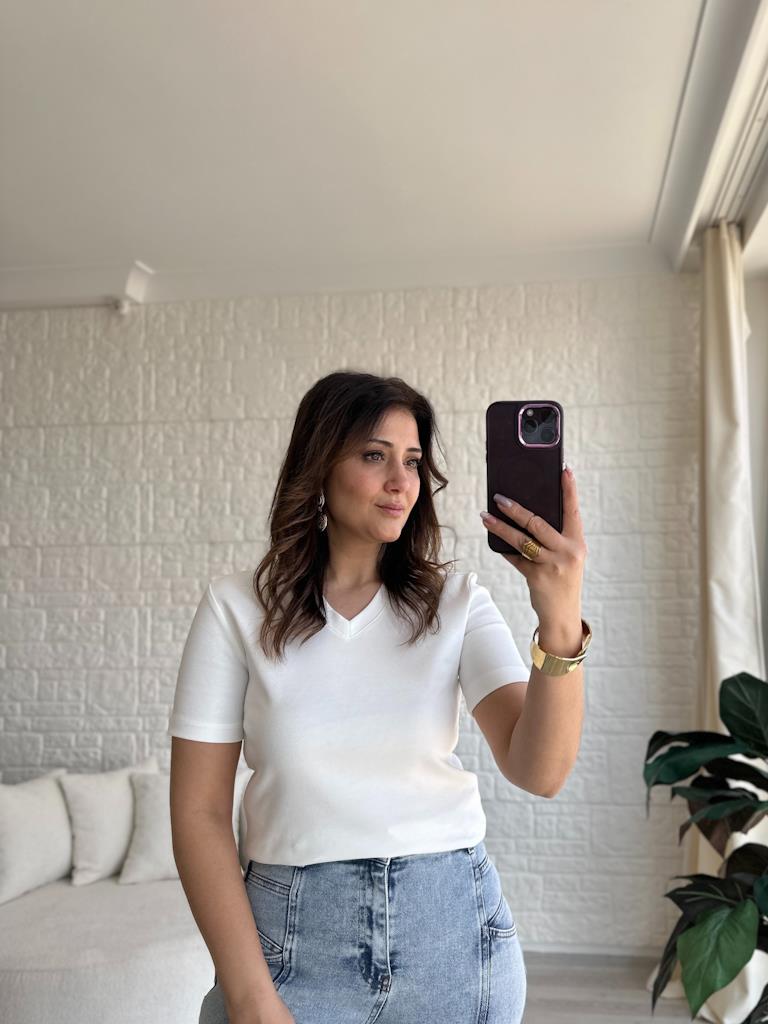 Orjinal Marka Basic Slim Kalıp Tişört Ekru