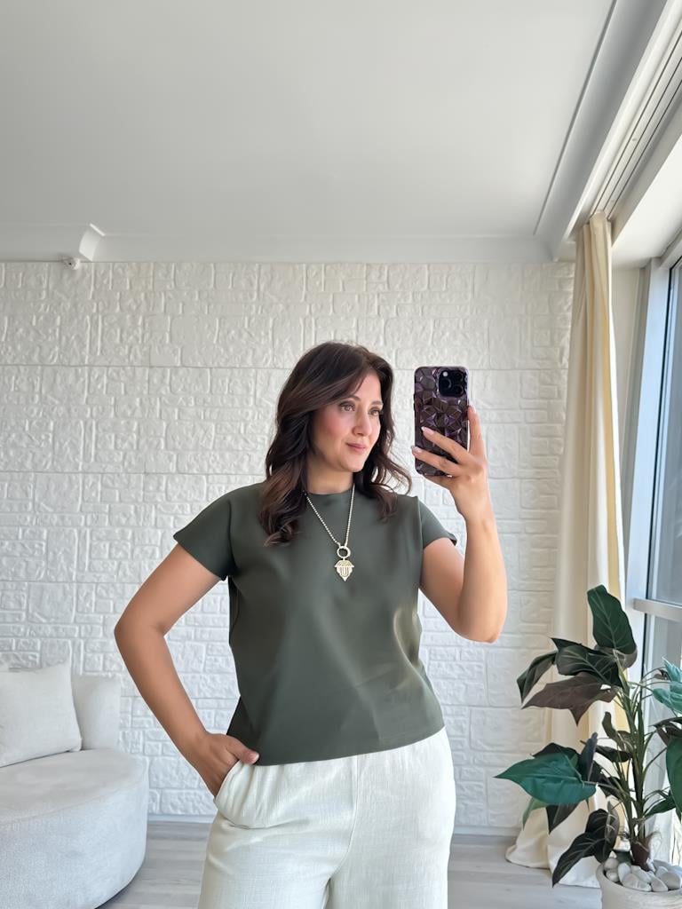 Orjinal Marka Bisiklet Yaka Pamuk Tişört Haki Yeşil