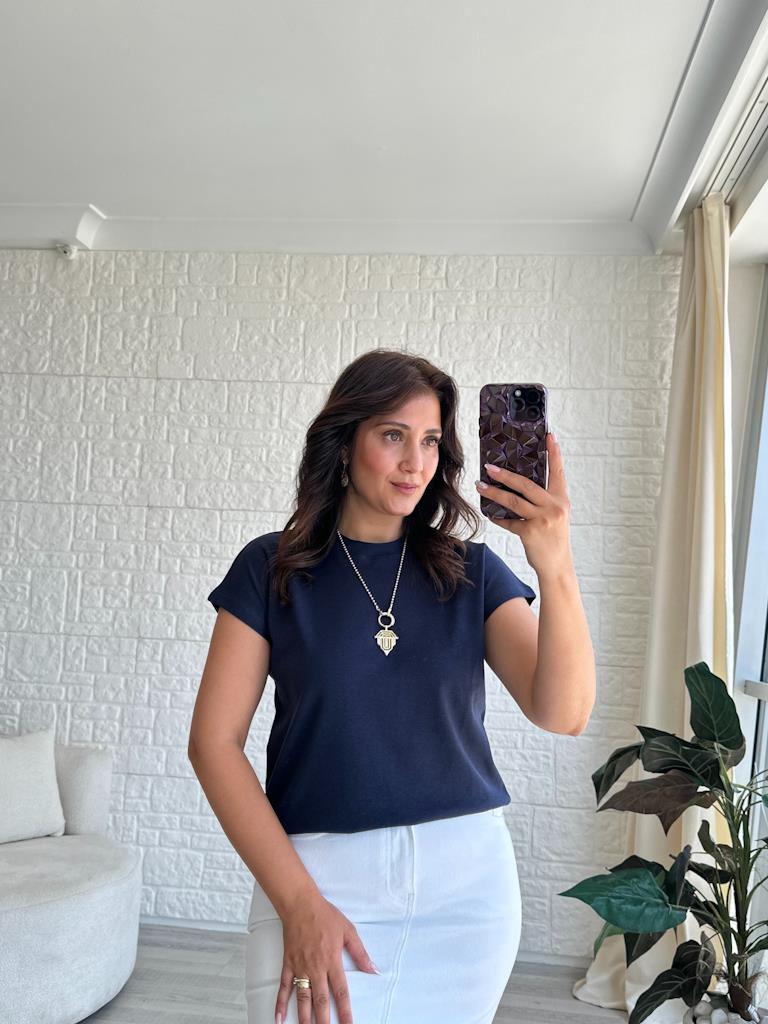 Orjinal Marka Bisiklet Yaka Pamuk Tişört Lacivert