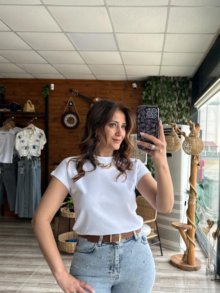 Orjinal Marka Bisiklet Yaka Pamuk Tişört Beyaz