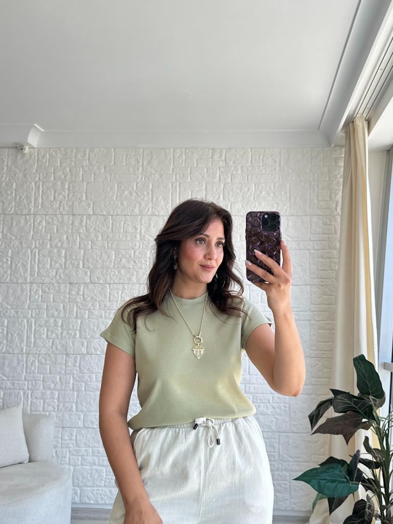 Orjinal Marka Bisiklet Yaka Pamuk Tişört Mint Yeşil