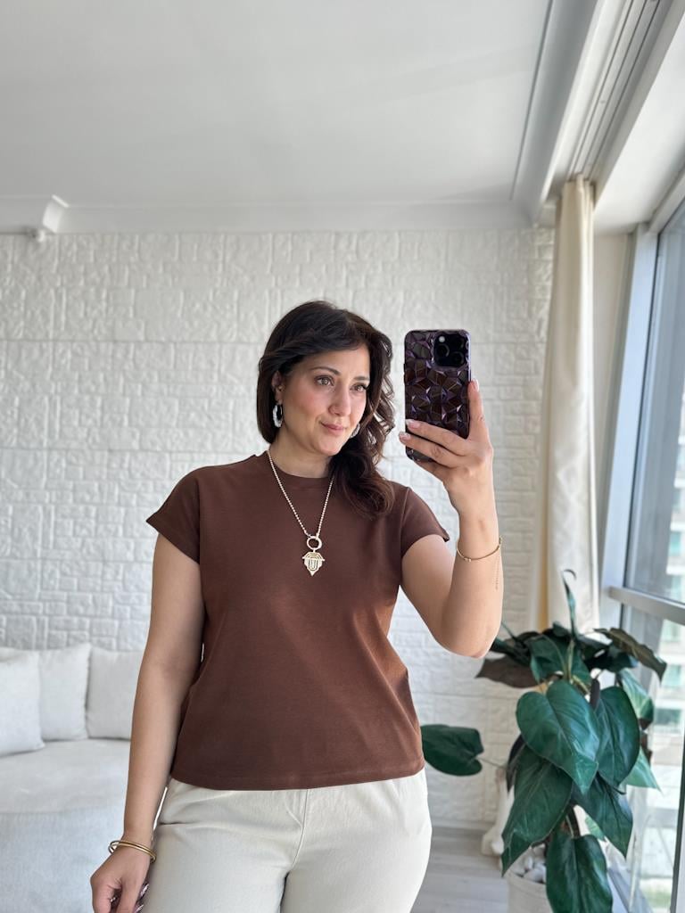 Orjinal Marka Bisiklet Yaka Pamuk Tişört Kahverengi