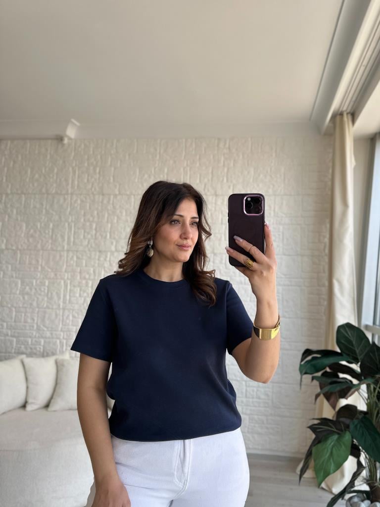 Orjinal Marka Bisiklet Yaka Salaş Kalıp Tişört Lacivert