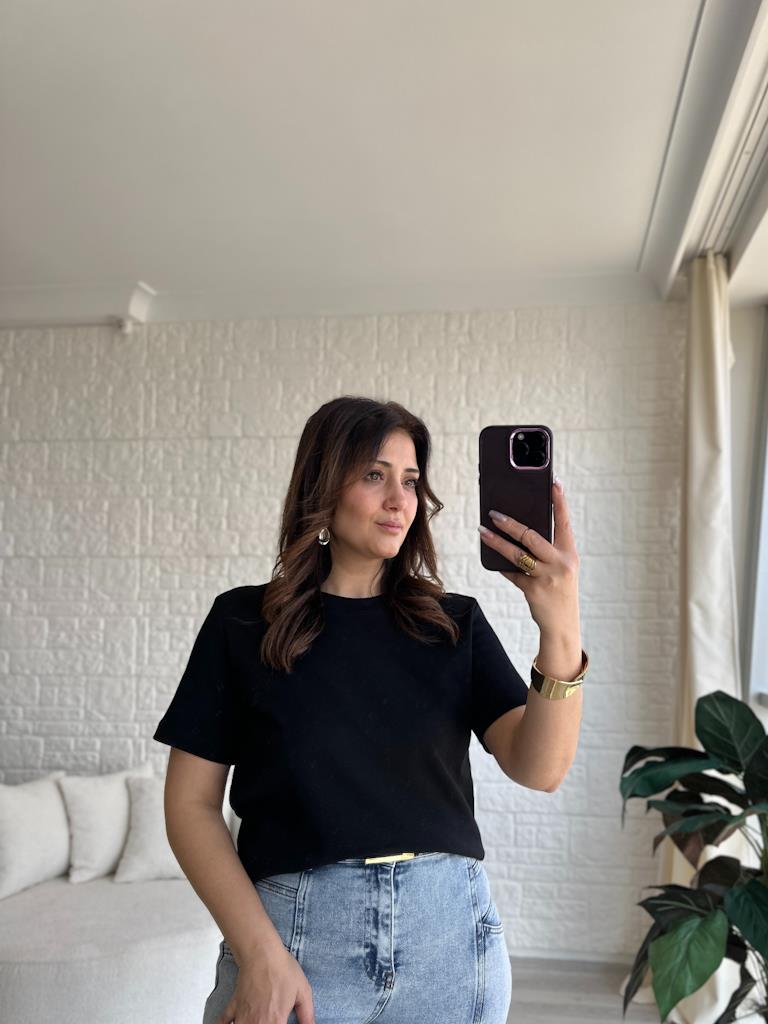 Orjinal Marka Bisiklet Yaka Salaş Kalıp Tişört Siyah