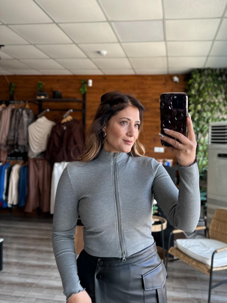 Orjinal Marka Çelik Kaşkorse Kumaş Fermuarlı Bluz Gri