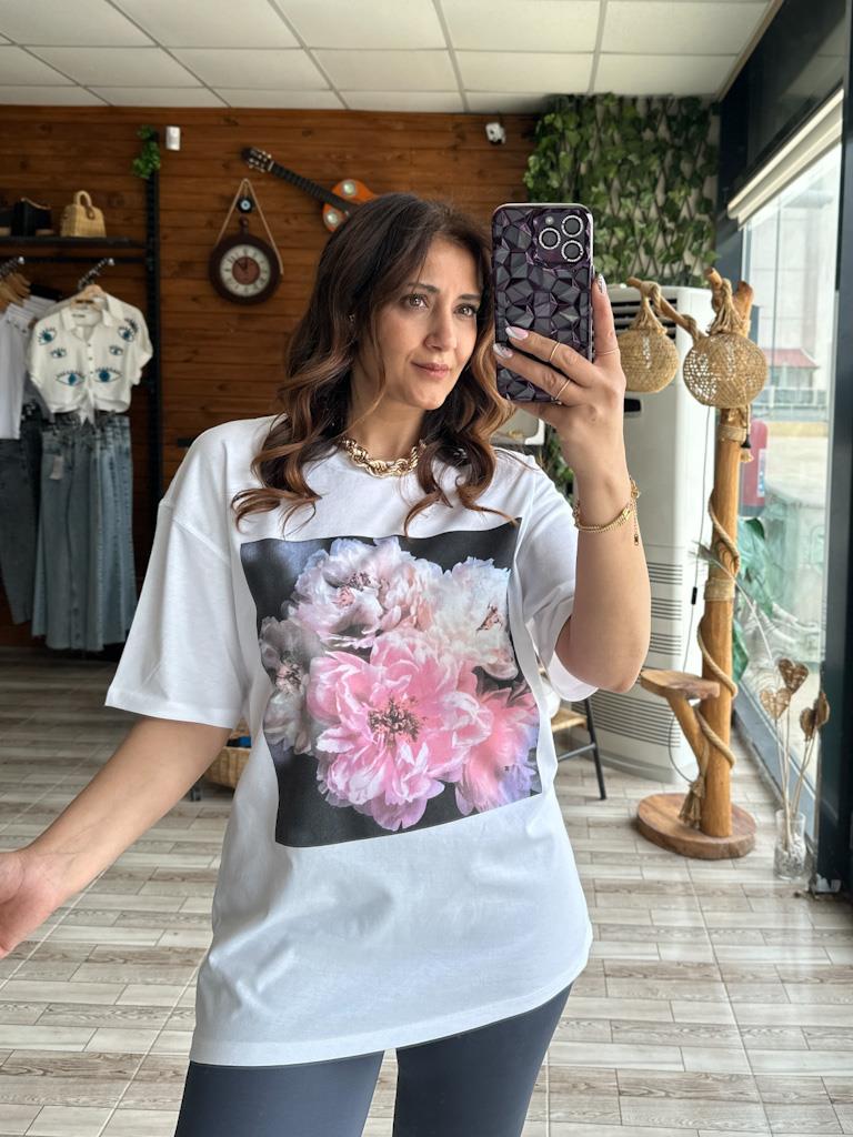 Orjinal Marka Çiçek Baskılı Salaş Tişört