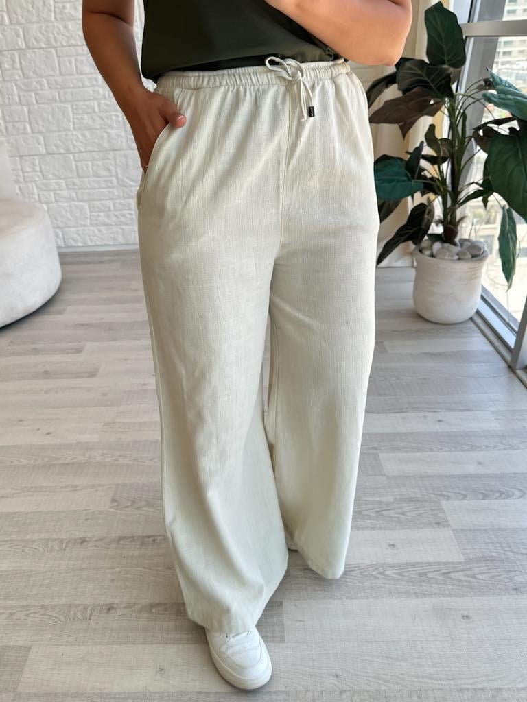 Orjinal Marka Ham Keten Beli Lastikli Palazzo Pantolon Bej