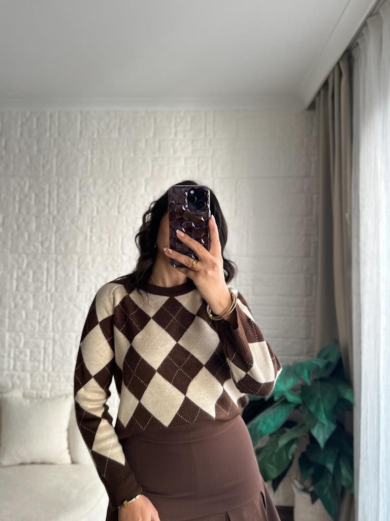 Orjinal Marka Kahve Bej  Baklava Desen Triko Kazak