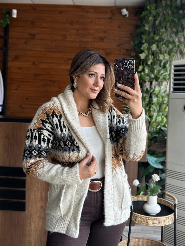 Orjinal Marka Kalın Şal Yaka Desenli Hırka