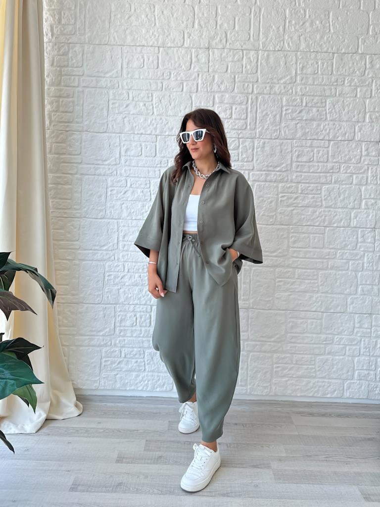 Orjinal Marka Moadal Yarasa Kol Salaş Gömlekli Takım Haki Yeşil