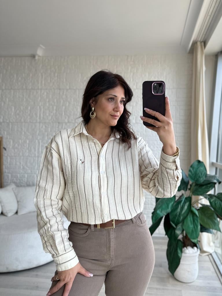 Orjinal Marka Müslin Keten Çizgili Gömlek Krem