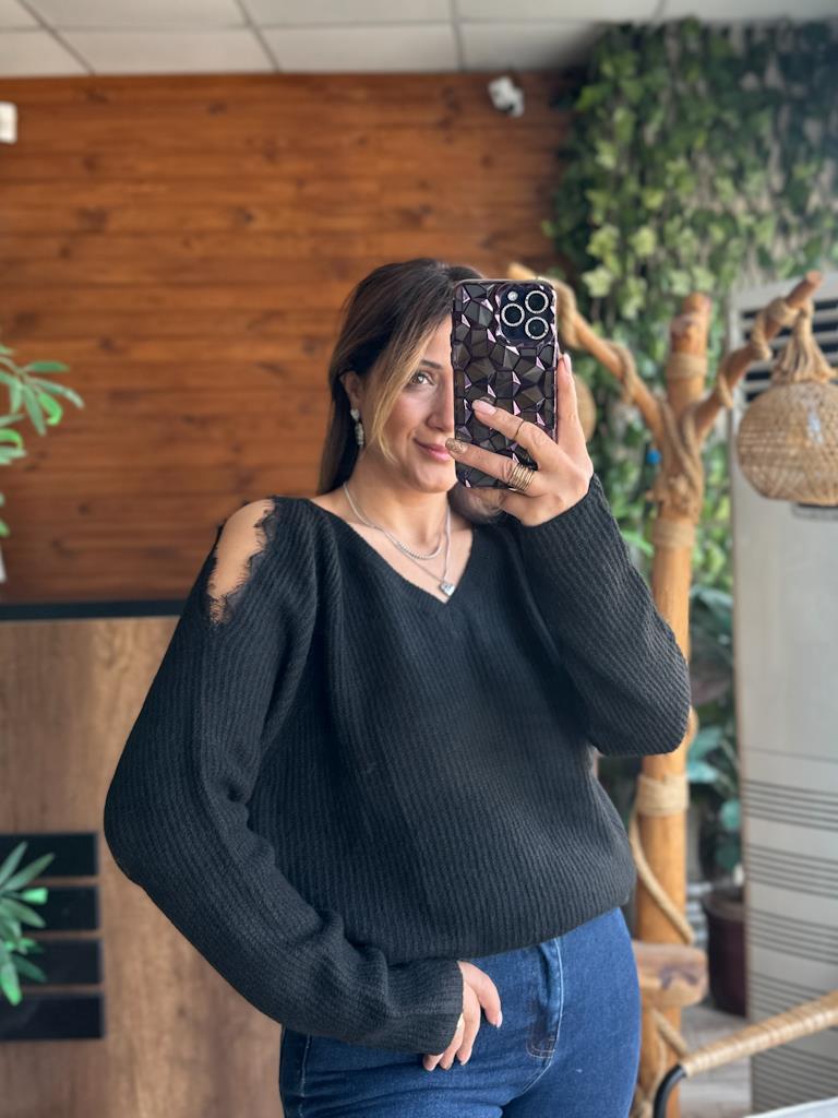 Orjinal Marka Omuz  Dekolte V Yaka Triko Kazak