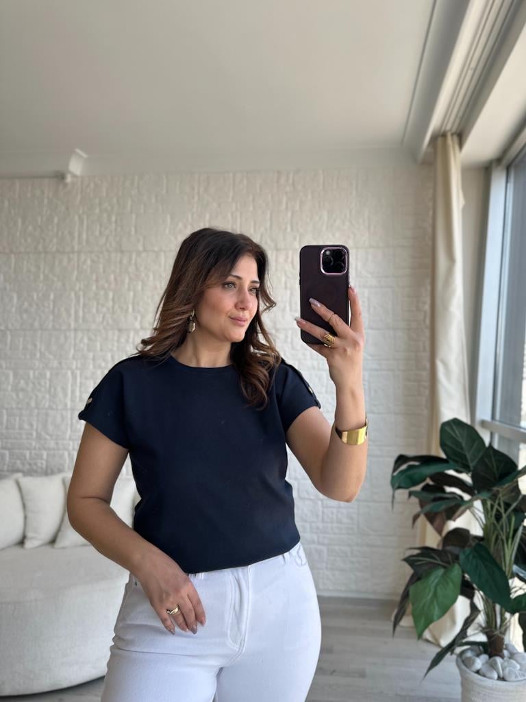 Orjinal Marka Omuz Düğme Detaylı Pamuk Tişört Lacivert