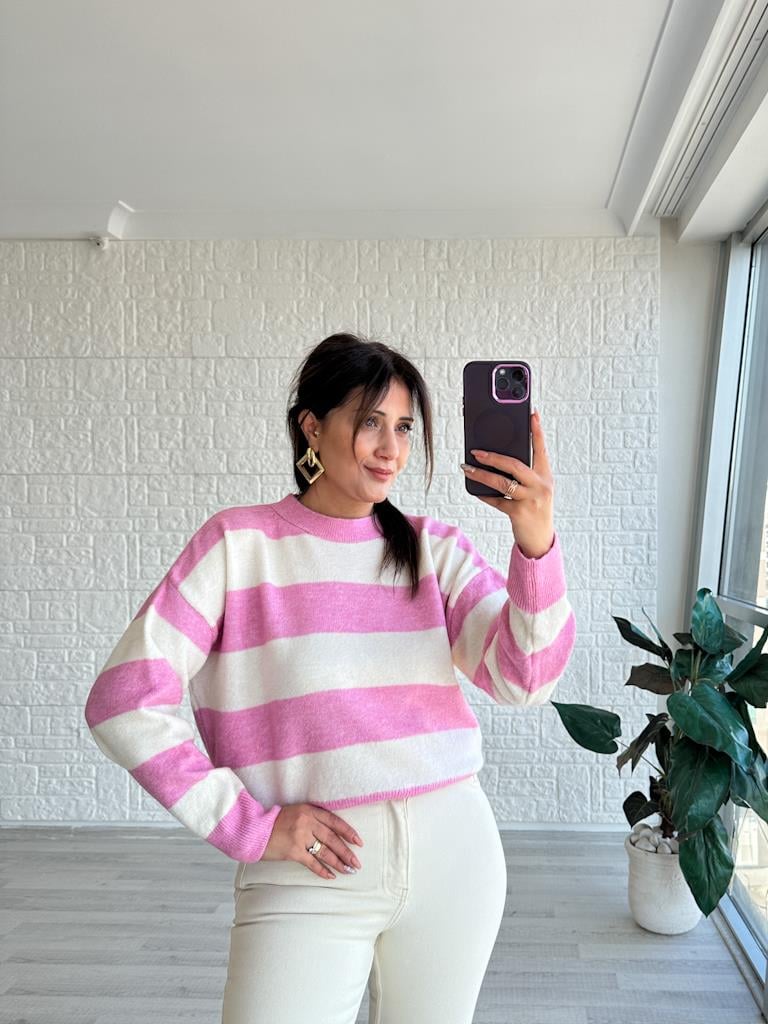 Orjinal Marka Pembe Krem Çizgili Bisiklet Yaka Kazak