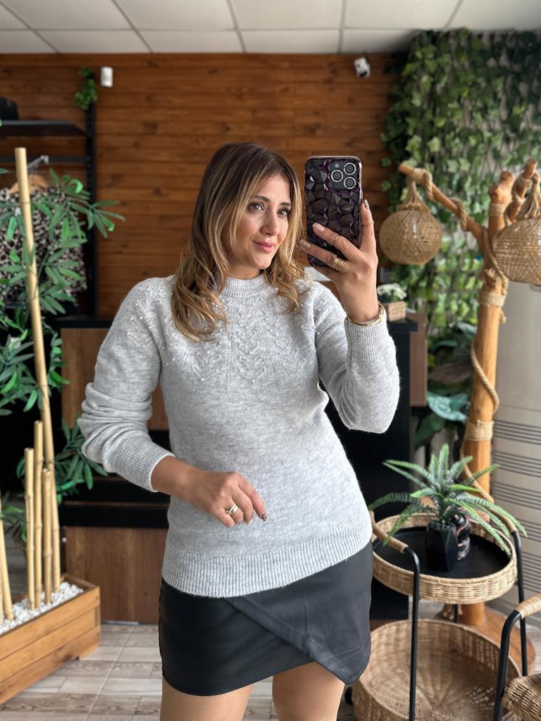 Orjinal Marka Reglan Kol İnci Detaylı Kaşmir Triko Gri