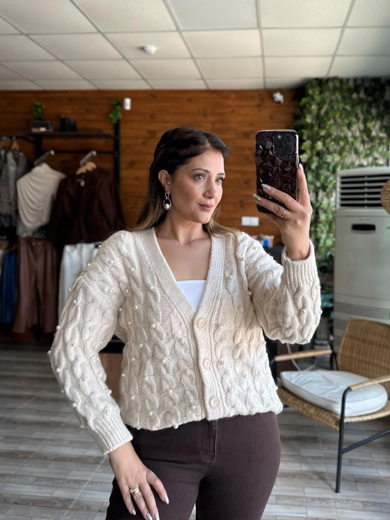 Orjinal Marka Salaş Örgü Desen İnci Detaylı Hırka