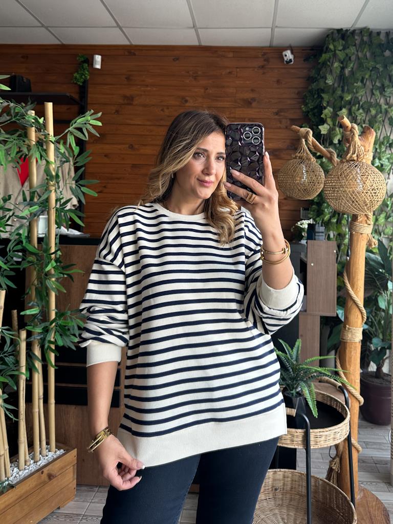 Orjinal Marka Salaş Pamuk Çizgili Sweatshirt