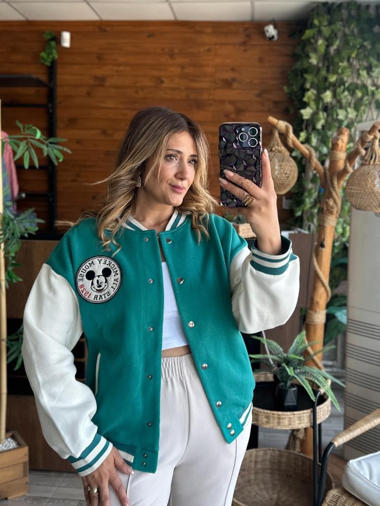 Orjinal Marka Sırt Baskılı Yeşil Krem Kolej Ceket