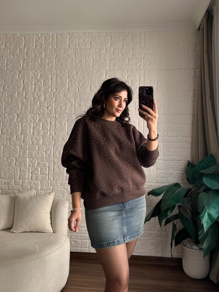 Orjinal Marka Taşlı Üç İplik Şardonlu Sweatshirt  Kahverengi