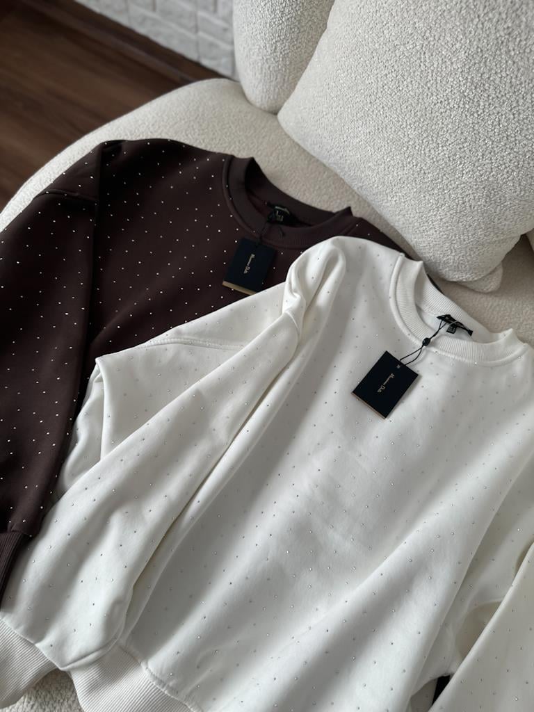 Orjinal Marka Taşlı Üç İplik Şardonlu Sweatshirt Ekru