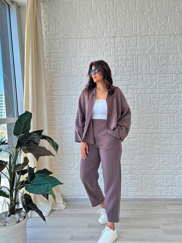 Orjinal Marka Tensel Kumaş Kol Paça Pensli Takım Kahverengi