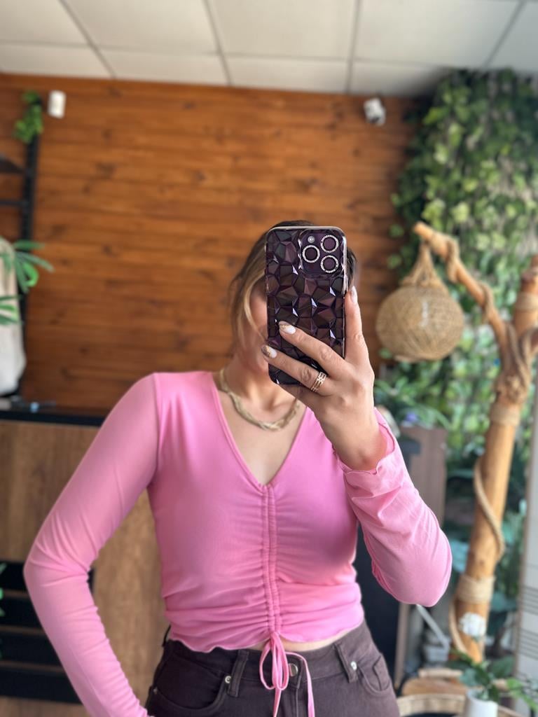 Orjinal Marka V Yaka Önü Büzmeli Tül Bluz Pembe