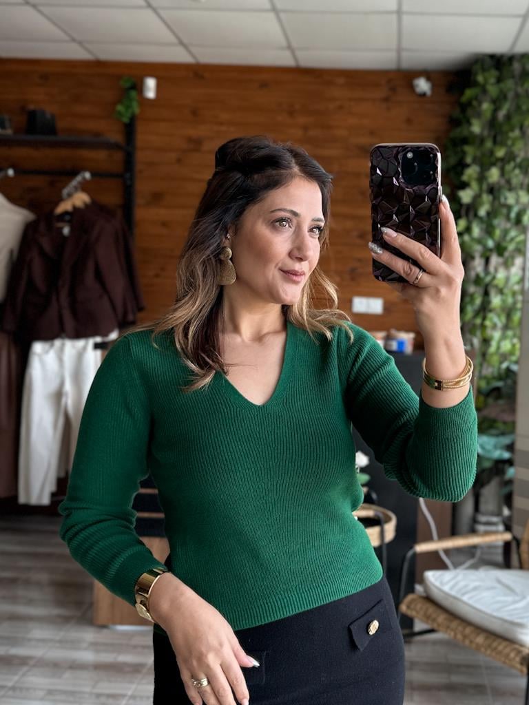 Orjinal Marka V Yaka Triko Bluz Yeşil