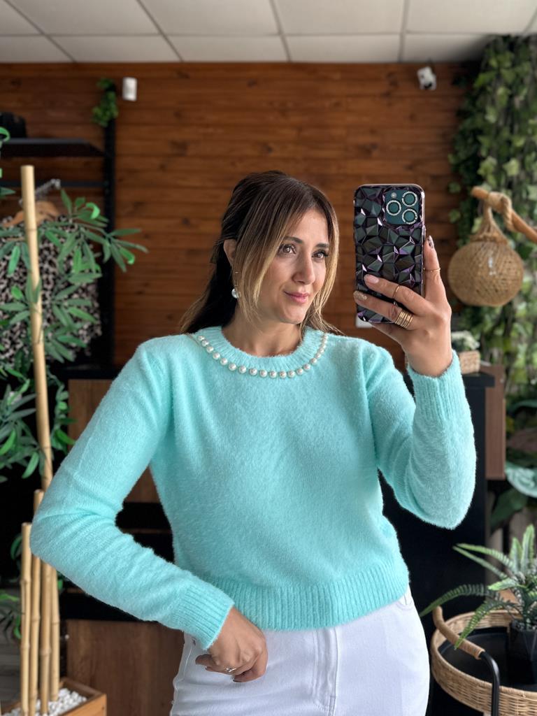 Orjinal Marka Yaka İnci Detaylı Yumoş Triko Kazak Su Yeşili