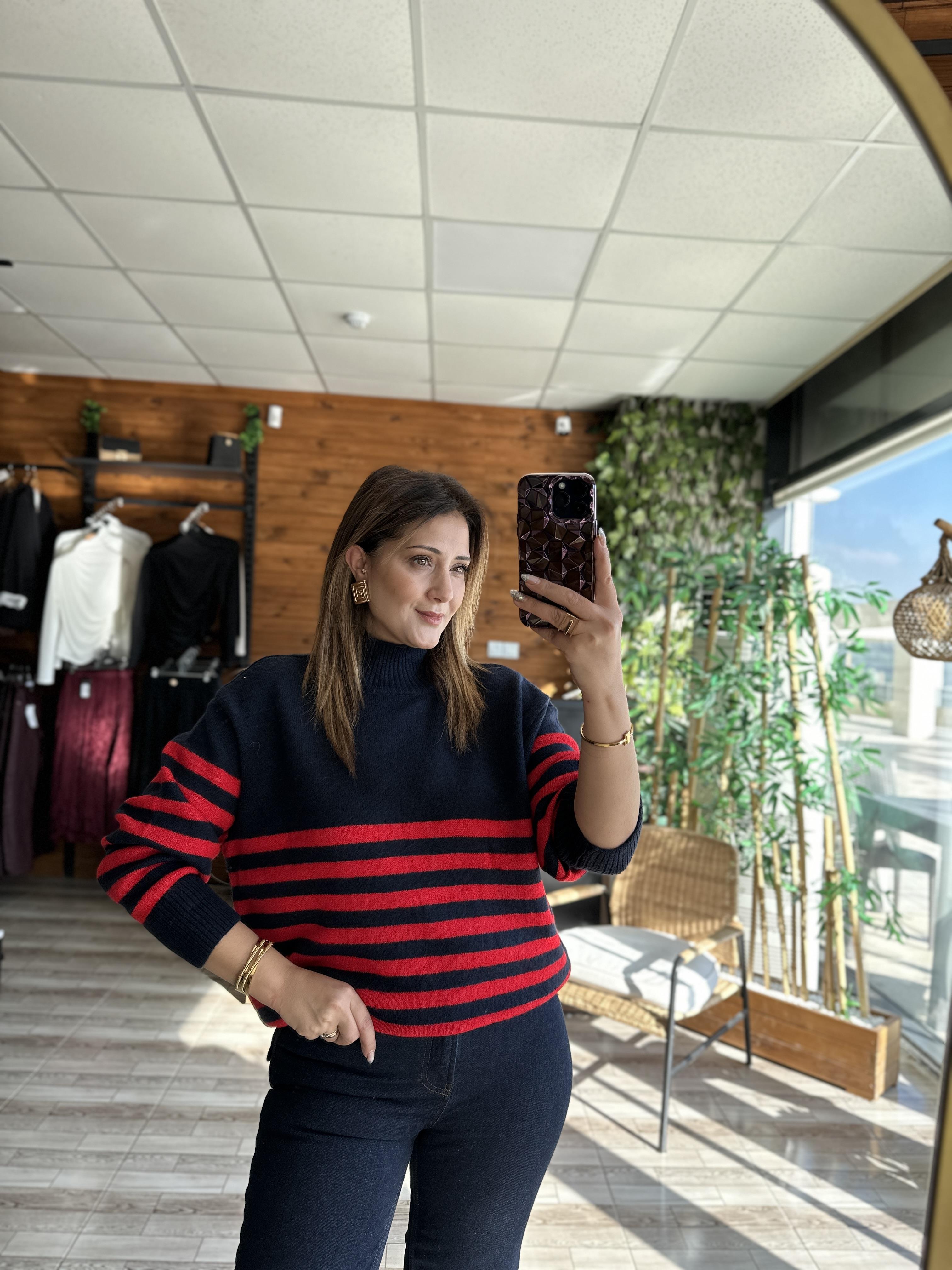 Orjinal Marka Yarım Balıkçı Lacivert Kırmızı Çizgili Kazak