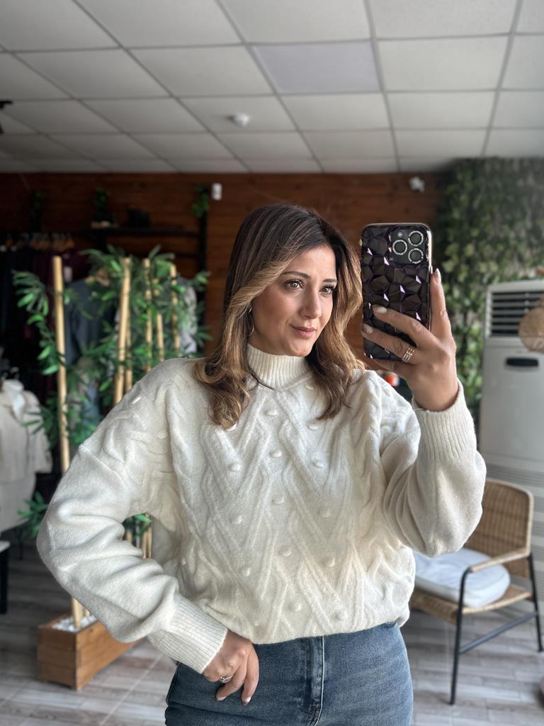 Orjinal Marka Yarım Balıkçı Örme Detay Salaş Kazak Krem