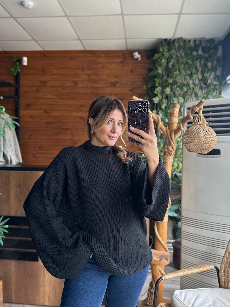 Orjinal Marka Yarım Balıkçı Selanik Örme İspanyol Kol Detay Triko Kazak Siyah